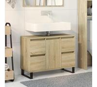 Zeehear Armoire de salle de bain, chêne Sonoma, 80 x 33 x 60 cm, avec 4 tiroirs, 1 porte, pieds en fer, résistante à l'humidité, pour rangement de salle de bain, vanité