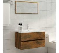 Zeehear Ensemble de 2 meubles de salle de bain en bois de chêne fumé, meuble sous lavabo et miroir, 80 cm, kit de vanité mural, résistant à l'humidité
