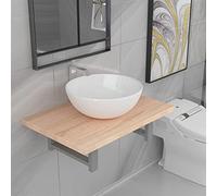 Zeehear Ensemble de 2 meubles de salle de bain, lavabo ovale en céramique, étagère murale, marron chêne 60 x 40 cm, lavabo flottant pour salle de bain, buanderie