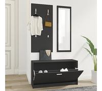 Zeehear Ensemble de 3 meubles de couloir en bois noir - Meuble à chaussures avec espace de rangement - Porte-manteau avec 4 crochets - Grand miroir mural pour entrée, rangement de chaussures