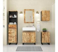 Zeehear Ensemble de 5 meubles de salle de bain en bois massif mangue, 62 x 33 x 58 cm, meuble sous lavabo, armoire de salle de bain avec miroir, bois dur robuste pour salle de bain élégante