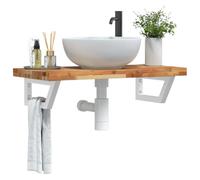 Zeehear Étagère de lavabo - Montage mural - En bois d'acacia massif - 100 x 40 x 4 cm - Cadre en acier blanc - Forme trapézoïdale - Peu encombrante - Robuste et durable