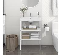 Zeehear Meuble de lavabo de salle de bain, blanc, 59 x 38 x 83 cm, fer robuste revêtu par pulvérisation, design ouvert pour un accès facile, console de salle de bain polyvalente, crée un espace de