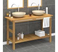 Zeehear Meuble de salle de bain en teck massif avec bac en marbre crème, 132 cm, meuble bas de salle de bain avec barre pour serviettes, meuble en teck durable
