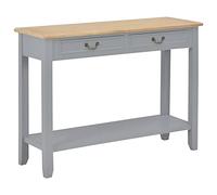 Zeehear Table console grise 110 x 35 x 80 cm en bois de pin massif, MDF et placage paulownia, avec 2 tiroirs et étagère, table d'appoint polyvalente pour salon