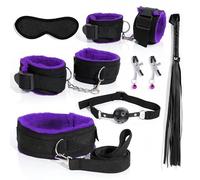 ZeeKoug Pilates 7 Morceaux Pourpre en Peluche en Nylon Cuir Yoga Couple's Main Et Pied Ensemble, avec Confortable Clip Masque pour Les Yeux Fouet Accessoires Amusants, Cadeau