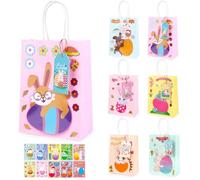 ZeffuLyne Lot de 12 sacs cadeaux de Pâques en papier kraft avec poignées, faites vos propres sacs de Pâques avec 24 feuilles d'autocollants en forme de lapin, travaux manuels pour enfants, sacs à