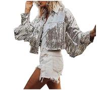 Zeiayuas Veste Paillettes Femme Court Disco Cardigan Brillante Blousons à Frange Rockabilly Années 50 Vintage Manteau Manches Longues à Sequins Haut Tops Chic pour Soirée Fête Clubwear 2024