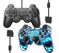 Zeion Lot de 2 manettes filaires pour PS2 Dual Shock, compatibles avec Play Station 2 (noir et bleu clair)