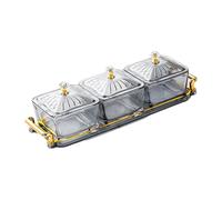 Zeiwohndc Bols carrés en verre transparent rayé avec couvercle et plateau, 3 compartiments pour bonbons, fruits, noix, maison, cuisine, fête, plat de service avec trois compartiments