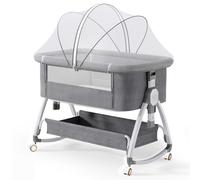 Zekoled Lit bébé 4 en 1 pour bébé 6 hauteurs réglables, berceau à bascule avec roues, avec moustiquaire, matelas doux lavable et rangement