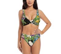 Zelinge Haut de bikini débardeur avec bas taille haute, maillot de bain sportif 2 pièces, maillot de bain torsadé sur le devant, tailles S à 2XL, Chat Iris Vert, Taille XL