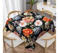 Zelinge Petite nappe noire à fleurs et crânes pour fêtes, pique-nique, 137,2 x 137,2 cm, pour tables carrées ou rondes, pour intérieur et extérieur