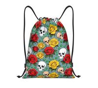 Zelinge Sac à dos amusant avec cordon de serrage pour le sport, la gym, la natation, Crânes de roses jaunes et rouges, 14 x 16.9 inch, Sacs à dos de jour