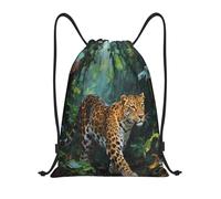 Zelinge Sac à dos avec cordon de serrage Motif lion floral pour le sport, la natation, le yoga, Léopard en vert jungle pluvieuse, 14 x 16.9 inch, Sacs à dos de jour