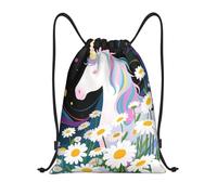 Zelinge Sac à dos avec cordon de serrage pour le sport, la gym, la natation, la plage, Licorns Daisy Noir, 16.5 x 19.6 inch, Sacs à dos de jour