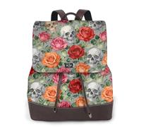 Zelinge Sac à dos avec fermeture à bouton tournant pour femme, Crânes Roses Feuille Gris, One Size, Sac à dos de voyage
