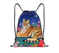 Zelinge Sac à dos de plage avec cordon de serrage Motif vache noire, Big Cat Blue Floral Night, 14 x 16.9 inch, Sacs à dos de jour
