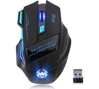 ZELOTES F14 Souris d'ordinateur sans fil avec lumière LED, 2,4 G, 2400 DPI, 7 boutons, souris de jeu sans fil avec lumière de respiration colorée, noire