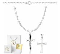 ZELYA Collier en argent 925 avec croix à maille barbazzale pour filles et garçons - 45 - 60 cm chaîne communion avec croix, chaîne pour enfants pour communion et baptême, boîte cadeau avec gravure, 45