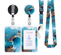 Zemolo Porte Badge de Carte d'Identification avec Cordon Tour de Cou, Porte-cartes Swivel Lobster Clasp avec Lanières Rétractables pour Cartes d'étudiant d'infirmière Clés Caméra Marbre Bleu