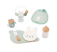 Janod - Set Déjeuner et Bavoir Zen - 7 Accessoires Poupon - Jouet d'Imitation - Jouet en Bois FSC et Tissus - Dès 24 Mois, J06629, Vert
