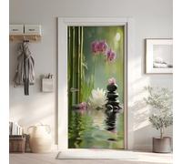 Zen Sticker Mural, Bambou Autocollants De Porte Muraux Décoration Poster Murale, Méditation Orchidée Stickers de Porte Imperméable Vinyle 90x200 cm
