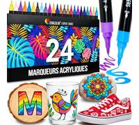 Zenacolor 24 Feutres Acryliques Double Pointe - Stylo Peinture Pointe Fine & Pinceau - Couleurs Opaques pour Peinture sur Verre, Bois, Pierre, Toile - Marqueurs à dessin pour Loisir Creatif Adulte