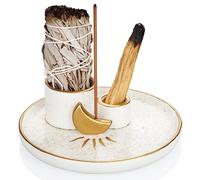 ZenBless Palo Santo Brûleur d'encens 4 en 1 - Porte-encens pour brûler, porte-encens pour bâtons, bougeoir, plateau en céramique de 15 cm pour salle de méditation et de yoga (doré)