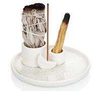 ZenBless Palo Santo Brûleur d'encens 4 en 1 pour brûler, Porte-encens pour bâtons, bougeoir, bac à Cendres en céramique de 15 cm pour Salle de méditation et de Yoga (Blanc)
