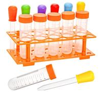 ZENFUN Lot de 12 tubes à essai Jumbo avec support, tubes à essai en plastique pour la science primaire, 5 tubes à essai géants, 6 compte-gouttes en silicone et 1 support de rangement, multicolore