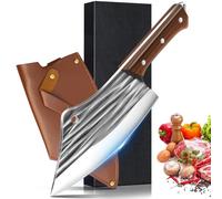 ZENG Couteau de Boucher en Acier Carbone, Lame Anti-Adhésive, Manche Bois Traité, Pleine Soie - Avec Coffret Cadeau et Housse Cuir, Pour Cuisine, Camping, BBQ