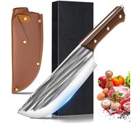 ZENG Couteau de Boucher en Acier Carbone, Lame Anti-Adhésive, Manche Bois Traité, Pleine Soie - Avec Coffret Cadeau et Housse Cuir, Pour Cuisine, Camping, BBQ (Couteau multifonction à lame striée)
