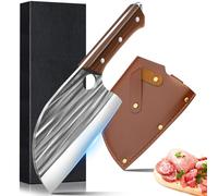 ZENG Couteau de Boucher en Acier Carbone, Lame Anti-Adhésive, Manche Bois Traité, Pleine Soie - Avec Coffret Cadeau et Housse Cuir, Pour Cuisine, Camping, BBQ (Couteau à tête de poisson rayé)