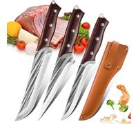 ZENG Set de 3 Couteaux de Boucher, Désosseur, Couteau à Viande, Couteau de Bouchère, Acier Forgé 5Cr15MoV, Manche Teck, Housses en Cuir