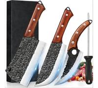 ZENG Set de 4 Couteaux de Cuisine, Couteau Chef Serbe 8", Couteau à Viande, Désosseur 6.5", Fusil 12", Lames Acier Haute Carbone 59HRC, Revêtement Martelé Anti-Adhésif