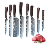 ZENG Set de Couteaux de Cuisine 8 Pièces, Couteau Fruit, Multifonction, Santoku, Chef, Trancheur, Petit Chinois, Japonais, Pain, Lames Acier avec Gravure Laser, Coffret Cadeau