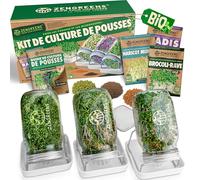 zengreens® Kit de germoir pour graines à germer Bio - Lot de 3 bocaux à pousses - Comprend Bocal à germes, Plateau de Germination et semences - Contient Guide et vidéo-Cours de Culture