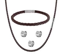 ZENGSING Collier en cuir Chaîne en corde tressée Bracelet en cuir tressé avec fermoir en acier inoxydable 3 perles argentées en forme de bouchon Bracelets en cuir Cadeaux pour hommes Bijoux (Marron)