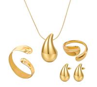 ZENGSING Or Parure Bijoux Ensemble Goutte d'eau Glamour, Ensemble de bijoux pour Femme, Collier Boucles d'oreilles Bracelet et Anneau Ouvert, Cadeaux pour la fête des Mères, les Anniversaires et Noë
