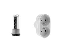 Zenitech - Bloc 3 Prises Escamotable 16A 2P+T avec Câble HO5VV-F 1,60 m - Gris pour Bureau et Maison + Multiprise Biplite 16A à Intégration Discrète pour Cuisine, Bureau ou Atelier