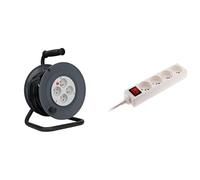 Zenitech - Enrouleur Électrique 4 Prises 16A 25 m avec Coupe-Circuit et Prolongateur 16A 2P+T 10 m - Câbles HO5VV-F 3G1,5 mm2 - Branchement Sécurisé - Gris et Noir