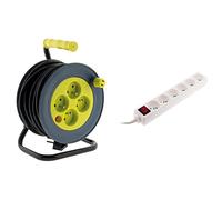 Zenitech - Enrouleur Ménager 4x 2P+T 15 m 3G1 mm2 Jaune + Bloc Multiprise 6 Prises 16A 2P+T avec Interrupteur Blanc - pour les Travaux Domestiques et Professionnels