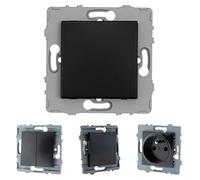 Zenitech - Interrupteurs va et vient simple ou double 10A + bouton poussoir + prises 16A encastrables - à composer - métal Noir brossé - Kouro