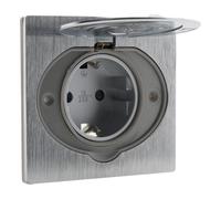 Zenitech, Prise de Sol Schuko 16A IP44 Aluminium Brossé avec Clapet de Protection, Boîte d'Encastrement Multimatériaux Ø67mm, Câblage Automatique, Fixation à Vis, Étanche, 3680W 230V