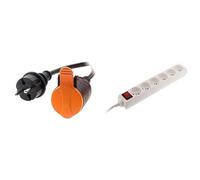 Zenitech - Rallonge Étanche 2P H05VV-F 2x1,5 mm2 25 m avec Clip de Fixation + Bloc Multiprise 6 Prises 16A avec Interrupteur - Extension et Distribution Électrique Domestique - Orange et Blanc