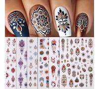 ZenithBurst Lot de 6 autocollants d'art d'ongles bohème 3D autocollants rétro avec plumes colorées, fleurs, papillons et motifs de capteurs de rêves