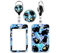 ZenithBurst Porte-badge rétractable avec adorable étui pour carte d'identité imprimé chat noir avec ruban, étui pour carte avec ruban, cordon avec mousqueton, cordon avec étui pour carte