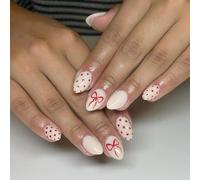 ZenithBurst Valentine Polka Dot Lot de 24 faux ongles à presser en forme d'amande, moyens, mignons, motif nœud rouge, acrylique blanc brillant