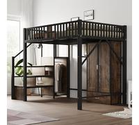 Zenithpath Lit mezzanine en métal 140 × 200 cm avec design de garde-corps distinctif en bois et grille métallique, complet avec grande armoire, tiroirs et échelle de rangement, noir